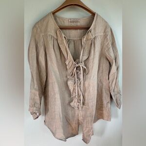 Cut loose long sleeve, linen blouse, Beige. Xs.